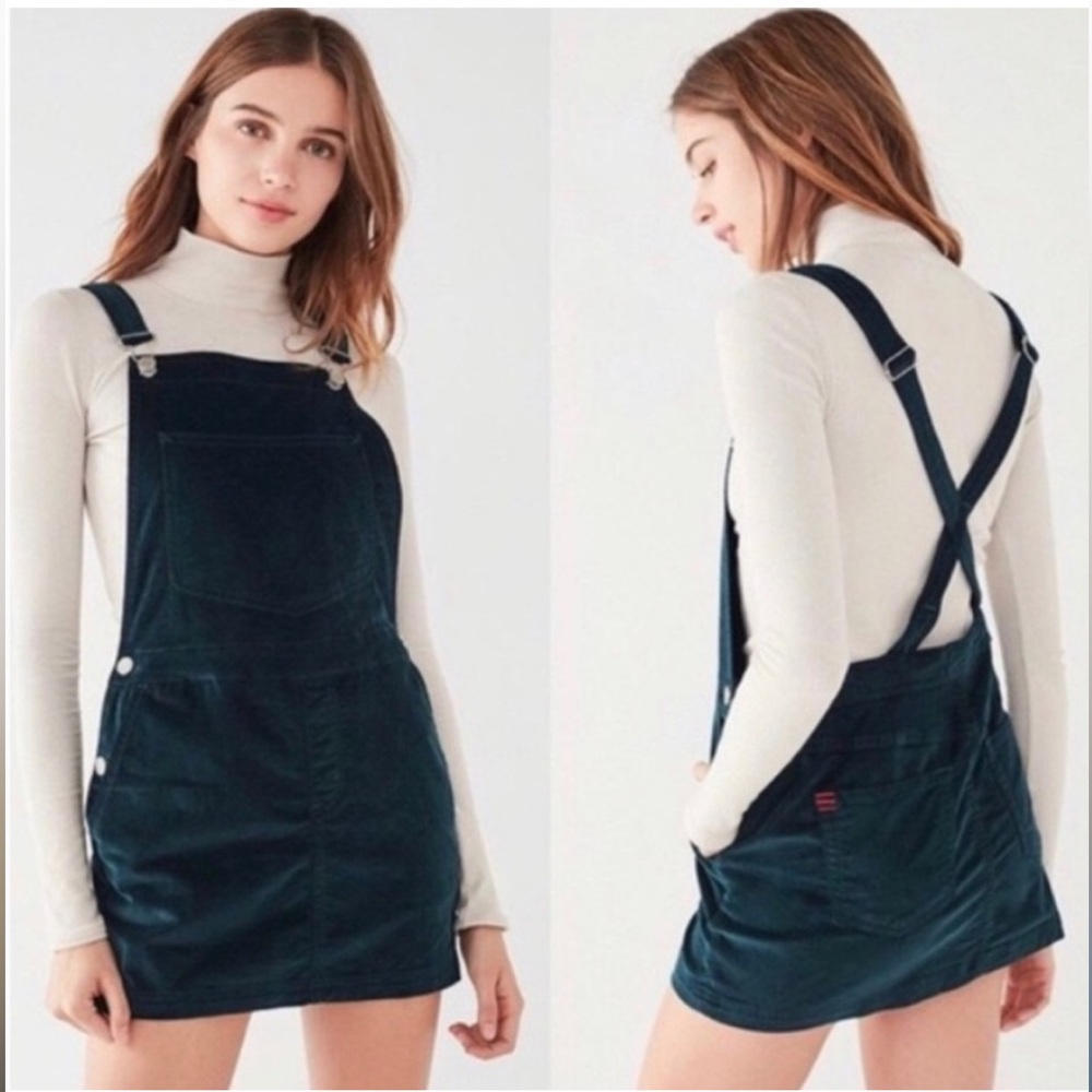 UO velvet teal green skirt overalls EUC
